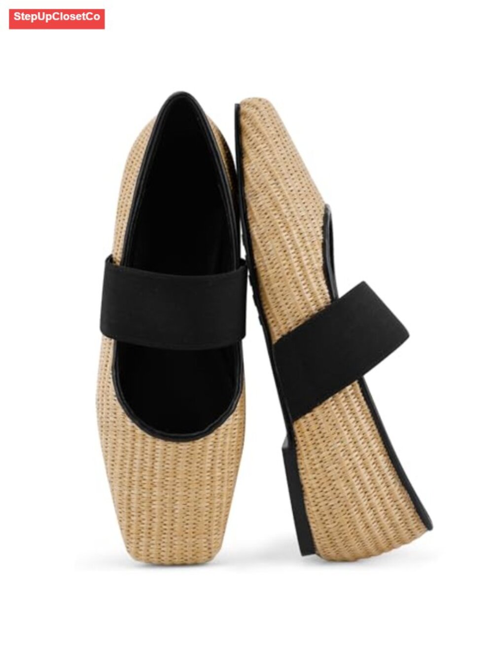 Women's Square Toe Faux Leather Ballet Flats with Elastic Strap Slip On Shoes